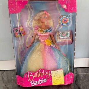 1997 Birthday Barbie w/Rainbow Pastel Party Dress - Pink, Blue, Yellow NIB